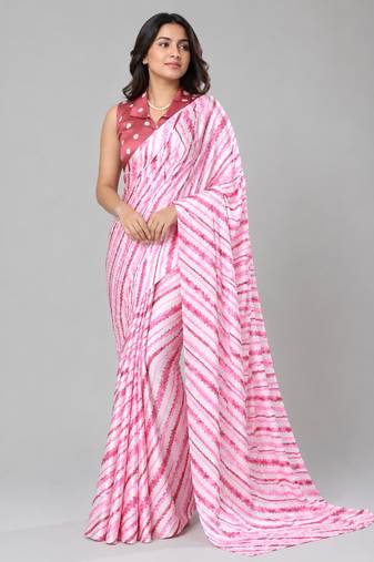 Pink color all over traditional modern leheriya prints work japan satin saree with unstitched blouse