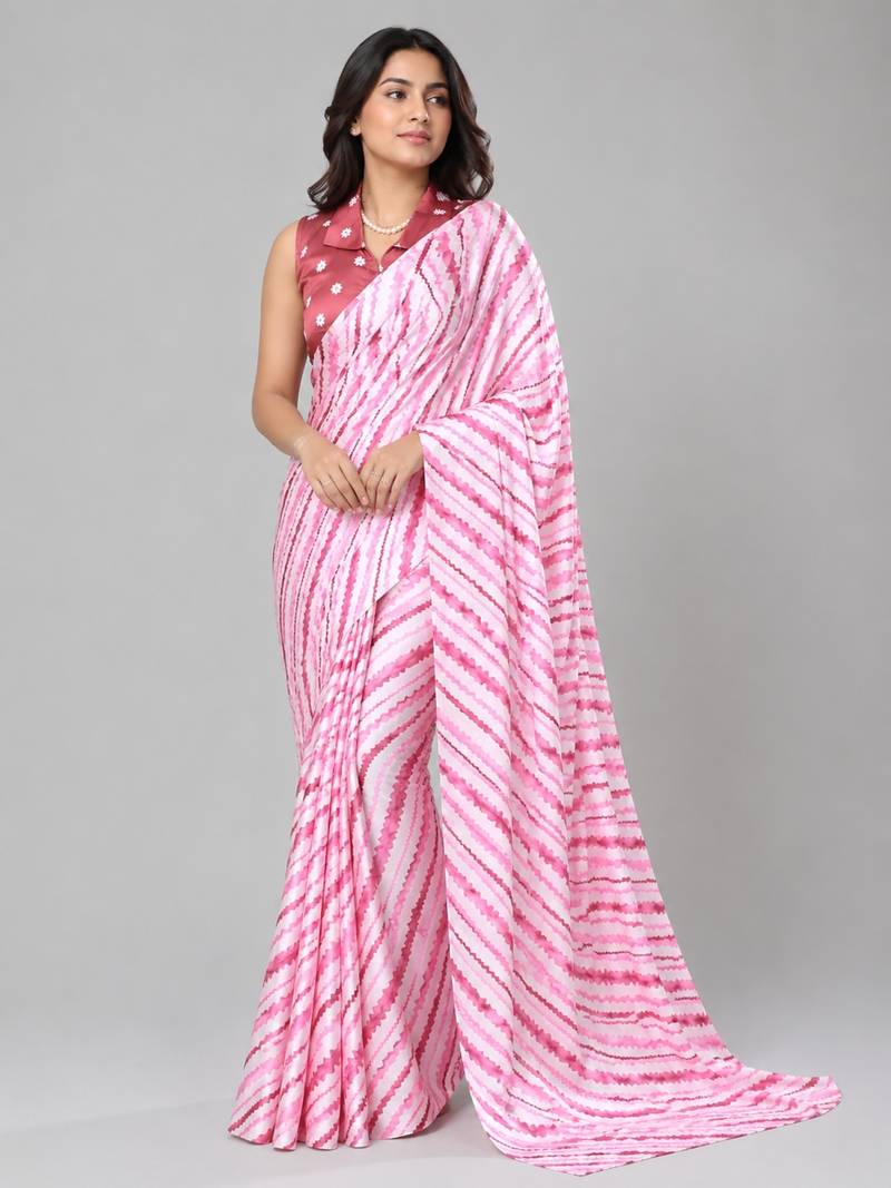 Pink color all over traditional modern leheriya prints work japan satin saree with unstitched blouse