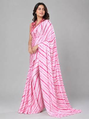 Pink color all over traditional modern leheriya prints work japan satin saree with unstitched blouse 2