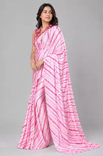 Pink color all over traditional modern leheriya prints work japan satin saree with unstitched blouse