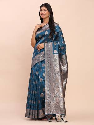 sky blue banarasi silk blend saree with banatasi silk blend blouse 2