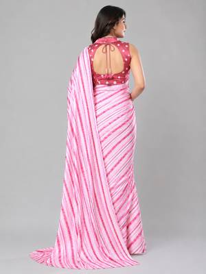 Pink color all over traditional modern leheriya prints work japan satin saree with unstitched blouse 3