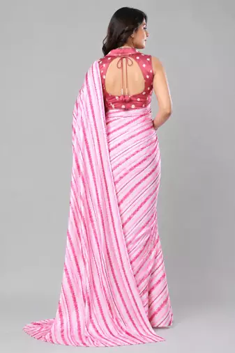 Pink color all over traditional modern leheriya prints work japan satin saree with unstitched blouse