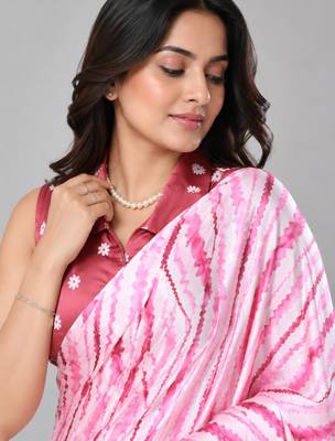 Pink color all over traditional modern leheriya prints work japan satin saree with unstitched blouse 4