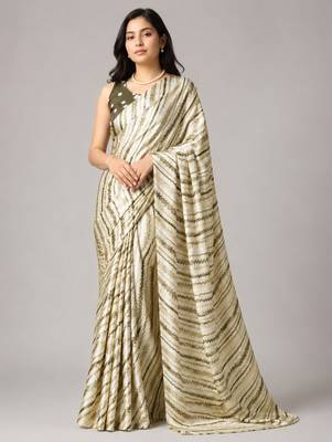 Mehendi color all over traditional modern leheriya prints work japan satin saree with unstitched blouse 1