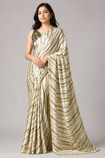 Mehendi color all over traditional modern leheriya prints work japan satin saree with unstitched blouse