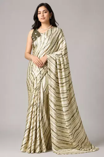 Mehendi color all over traditional modern leheriya prints work japan satin saree with unstitched blouse