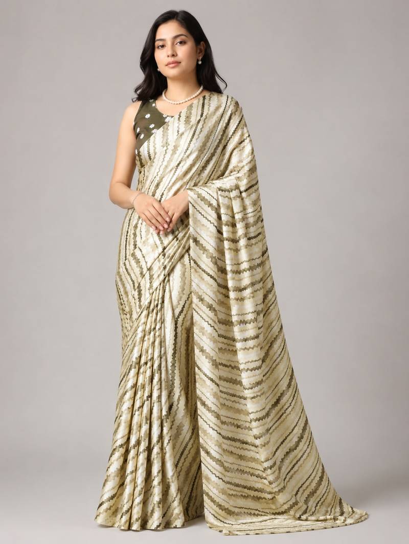 Mehendi color all over traditional modern leheriya prints work japan satin saree with unstitched blouse