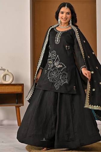 Black vichitra silk party wear embroidery sharara suit set