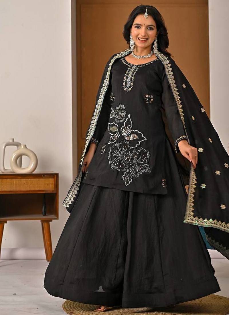 Black vichitra silk party wear embroidery sharara suit set