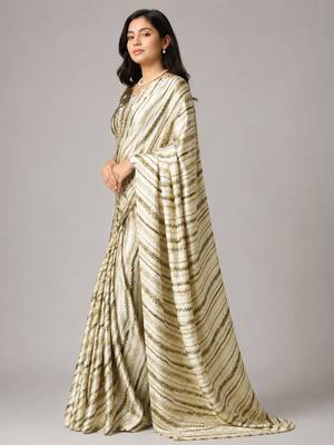 Mehendi color all over traditional modern leheriya prints work japan satin saree with unstitched blouse 2