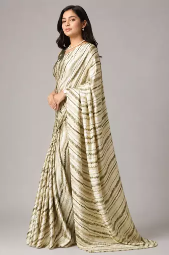 Mehendi color all over traditional modern leheriya prints work japan satin saree with unstitched blouse