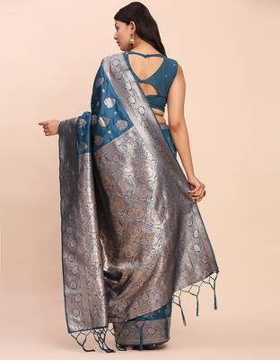 sky blue banarasi silk blend saree with banatasi silk blend blouse 4