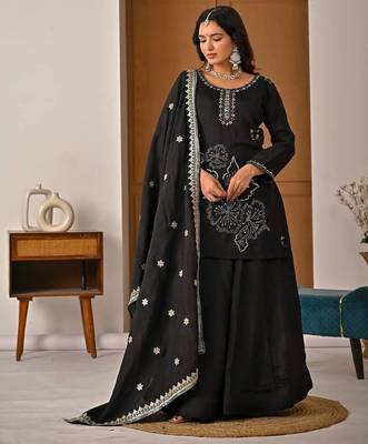 Black vichitra silk party wear embroidery sharara suit set 2