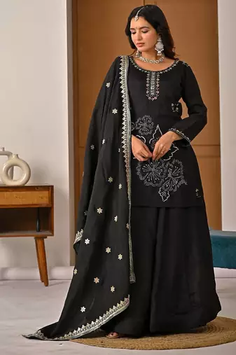 Black vichitra silk party wear embroidery sharara suit set