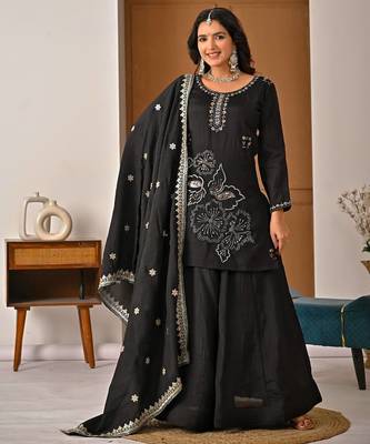 Black vichitra silk party wear embroidery sharara suit set 3