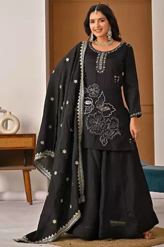 Black vichitra silk party wear embroidery sharara suit set