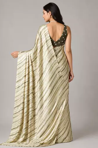 Mehendi color all over traditional modern leheriya prints work japan satin saree with unstitched blouse