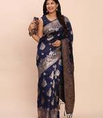 blue banarasi silk blend saree with banatasi silk blend blouse