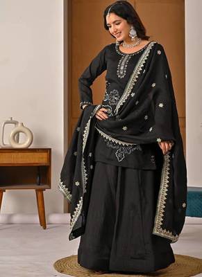 Black vichitra silk party wear embroidery sharara suit set 4