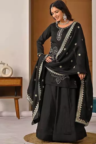 Black vichitra silk party wear embroidery sharara suit set