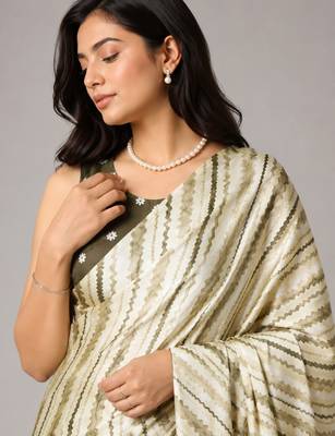 Mehendi color all over traditional modern leheriya prints work japan satin saree with unstitched blouse 4