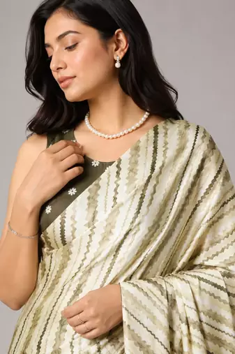 Mehendi color all over traditional modern leheriya prints work japan satin saree with unstitched blouse