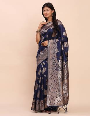 blue banarasi silk blend saree with banatasi silk blend blouse 2