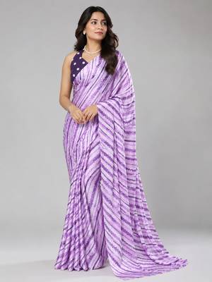 Purple color all over traditional modern leheriya prints work japan satin saree with unstitched blouse 1