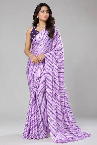 Purple color all over traditional modern leheriya prints work japan satin saree with unstitched blouse