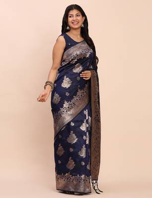 blue banarasi silk blend saree with banatasi silk blend blouse 3