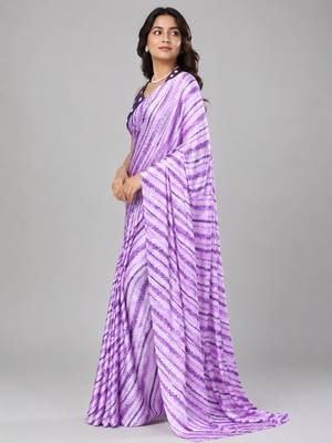 Purple color all over traditional modern leheriya prints work japan satin saree with unstitched blouse 2