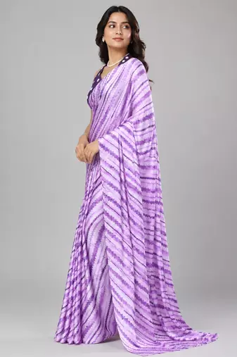 Purple color all over traditional modern leheriya prints work japan satin saree with unstitched blouse