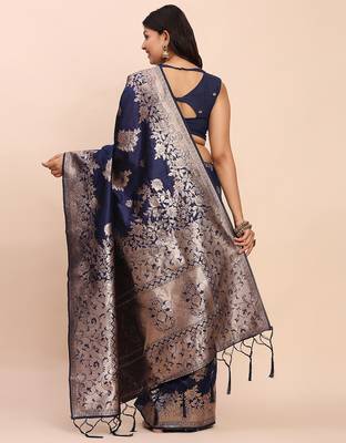 blue banarasi silk blend saree with banatasi silk blend blouse 4