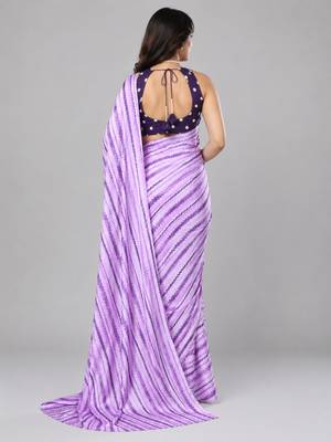 Purple color all over traditional modern leheriya prints work japan satin saree with unstitched blouse 3