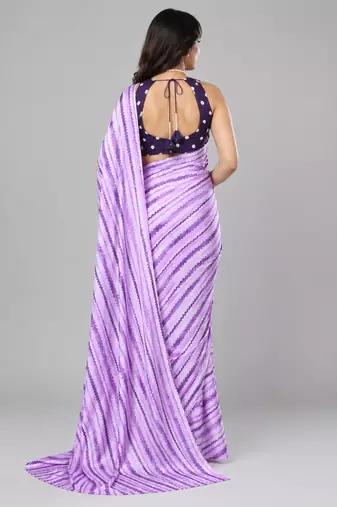 Purple color all over traditional modern leheriya prints work japan satin saree with unstitched blouse