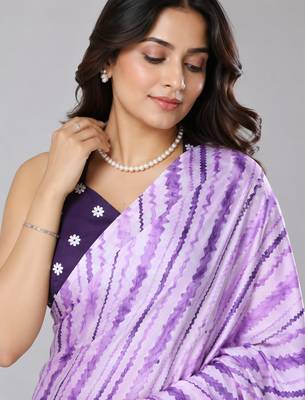 Purple color all over traditional modern leheriya prints work japan satin saree with unstitched blouse 4