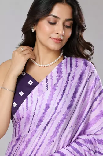 Purple color all over traditional modern leheriya prints work japan satin saree with unstitched blouse