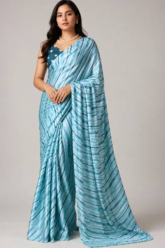 Firozi color all over traditional modern leheriya prints work japan satin saree with unstitched blouse