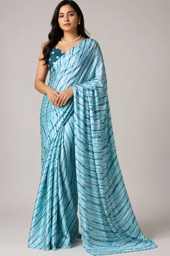 Firozi color all over traditional modern leheriya prints work japan satin saree with unstitched blouse