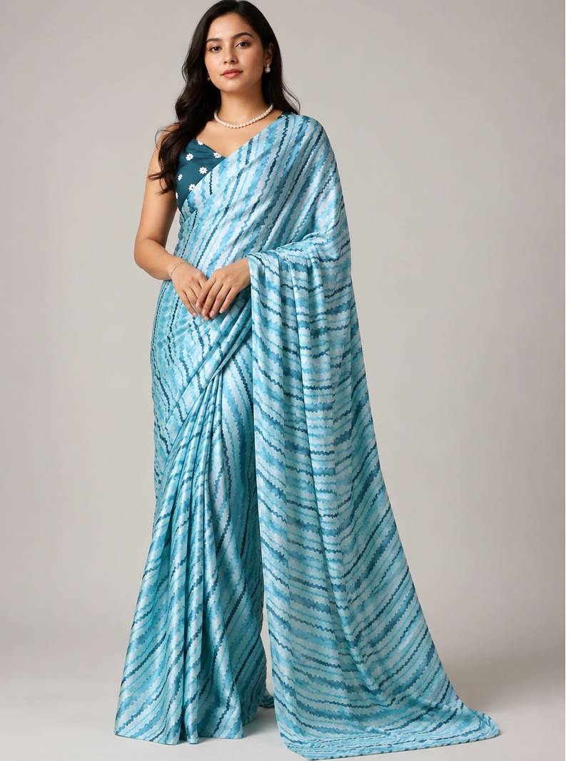 Firozi color all over traditional modern leheriya prints work japan satin saree with unstitched blouse