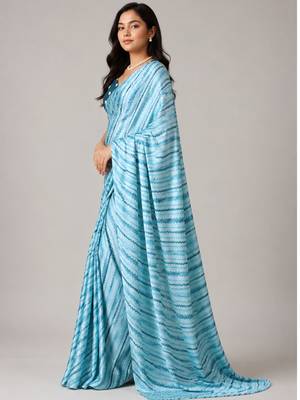 Firozi color all over traditional modern leheriya prints work japan satin saree with unstitched blouse 2