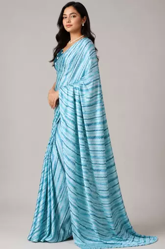 Firozi color all over traditional modern leheriya prints work japan satin saree with unstitched blouse