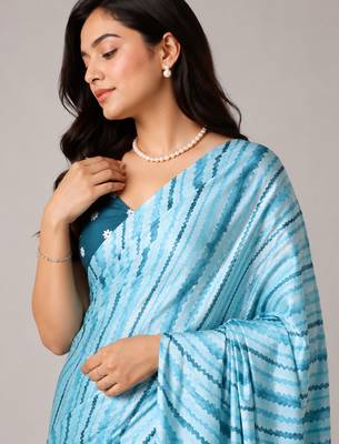 Firozi color all over traditional modern leheriya prints work japan satin saree with unstitched blouse 4