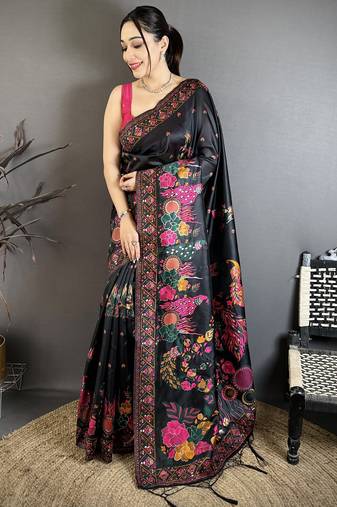 Black silk blend woven kashmiri saree with unstitched blouse piece