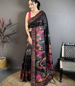 Black pashmina silk woven kashmiri saree with unstitched blouse piece