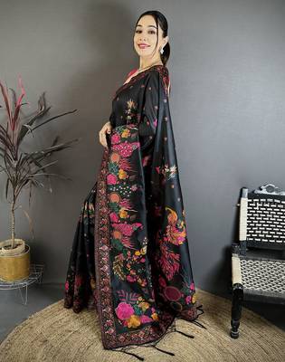 Black silk blend woven kashmiri saree with unstitched blouse piece 2