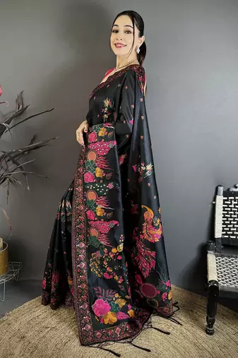 Black silk blend woven kashmiri saree with unstitched blouse piece