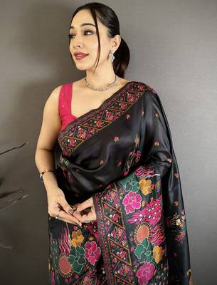 Black silk blend woven kashmiri saree with unstitched blouse piece 3