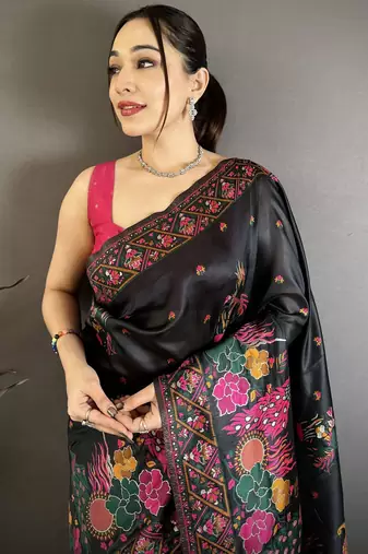 Black silk blend woven kashmiri saree with unstitched blouse piece